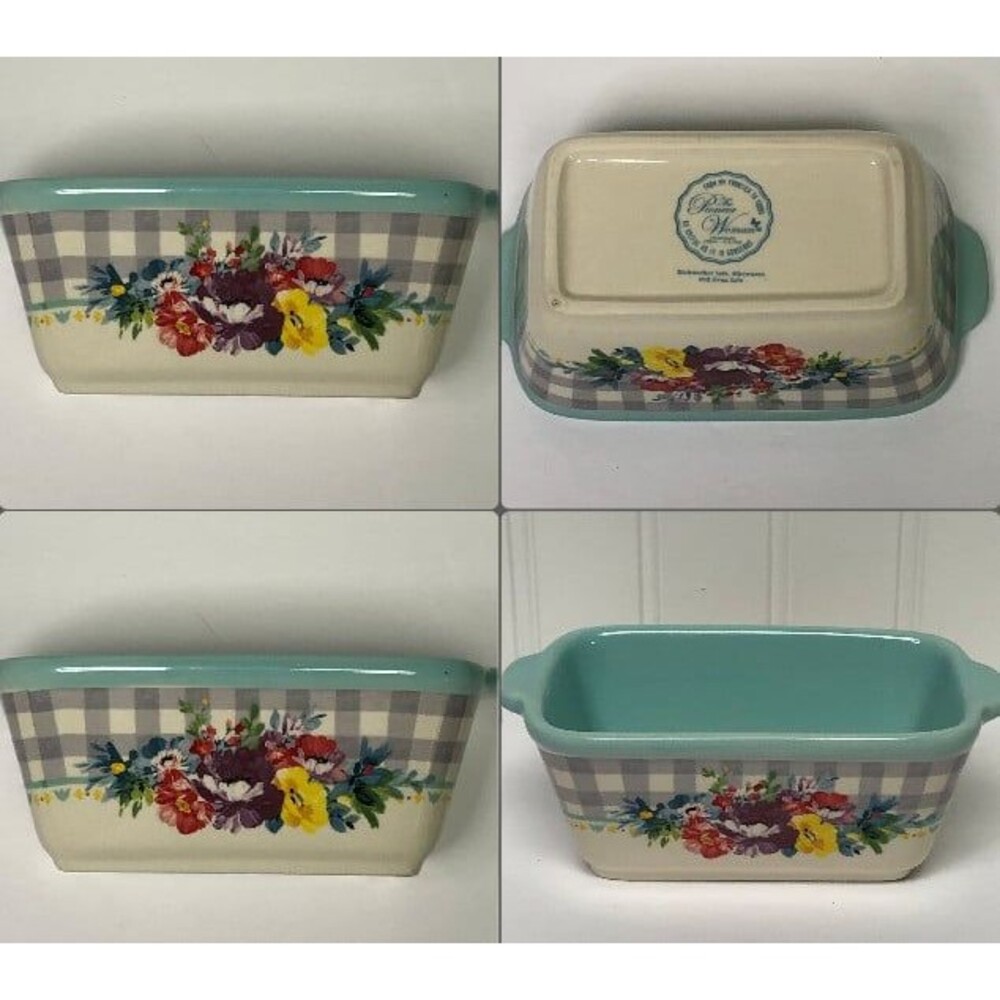 Pioneer Woman Mini Loaf Pan Set Sweet Romance Floral Stoneware Gingham Blue Aqua
